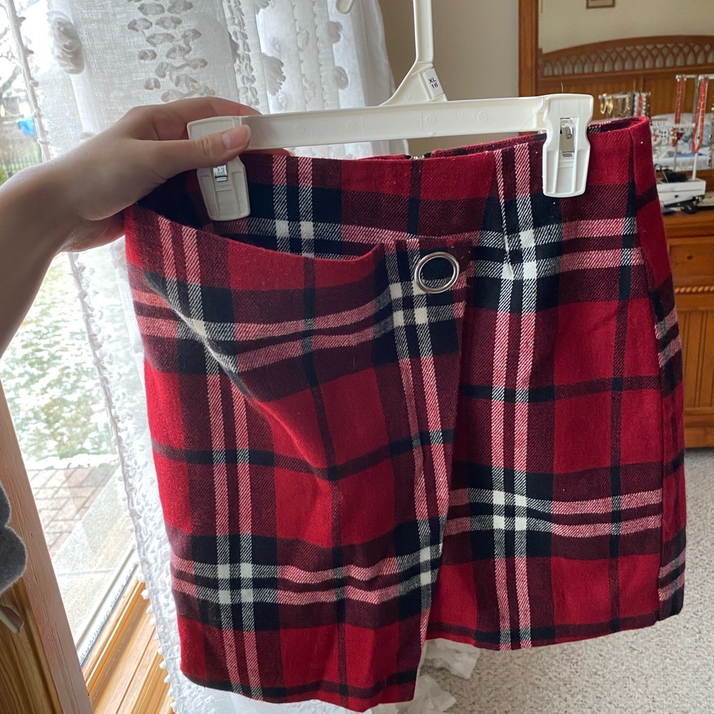 Red Plaid Skirt with Ring Detail